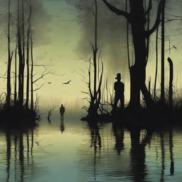 A man standing at the water’s edge surrounded by a haunting depiction of a swamp at twilight