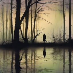 A man standing at the water’s edge surrounded by a haunting depiction of a swamp at twilight