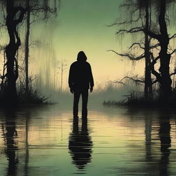 A man standing at the water’s edge surrounded by a haunting depiction of a swamp at twilight