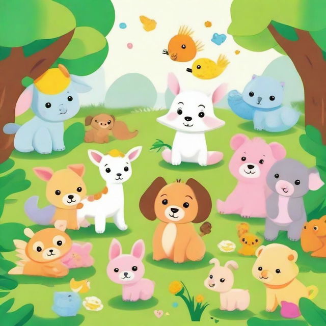 A cute and colorful scene featuring adorable baby animals in a playful and safe environment