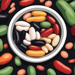 A detailed and vibrant illustration of a bowl of beans, showcasing different types of beans like black beans, kidney beans, and pinto beans