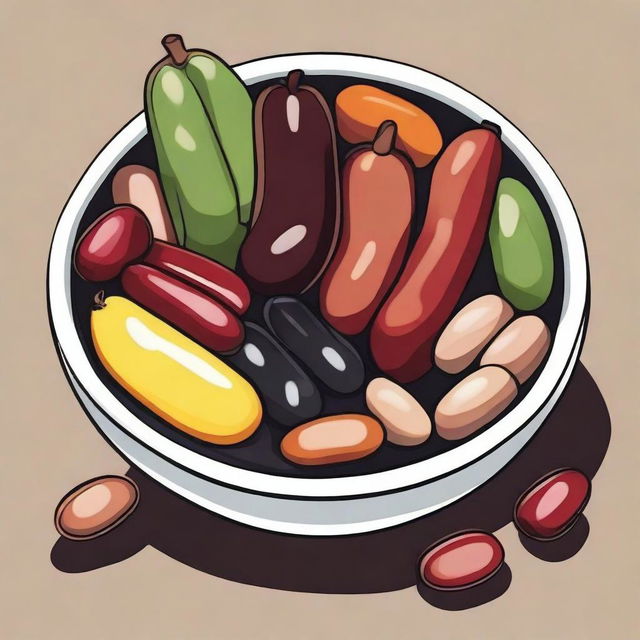 A detailed and vibrant illustration of a bowl of beans, showcasing different types of beans like black beans, kidney beans, and pinto beans