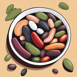 A detailed and vibrant illustration of a bowl of beans, showcasing different types of beans like black beans, kidney beans, and pinto beans