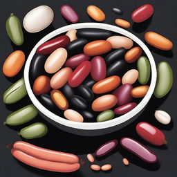 A detailed and vibrant illustration of a bowl of beans, showcasing different types of beans like black beans, kidney beans, and pinto beans