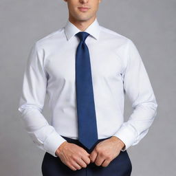 A professional corporate attire design, consisting of a tailored suit, crisp white shirt and a tasteful tie.