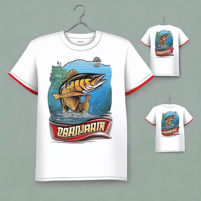 Create a fishing shirt design with the text 'UPPD BANJARMASIN II' on the front and '#TEAM RIAM KANAN' on the back