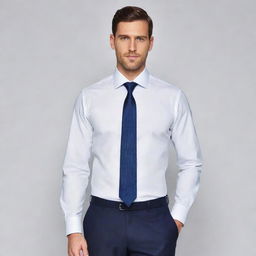 A professional corporate attire design, consisting of a tailored suit, crisp white shirt and a tasteful tie.