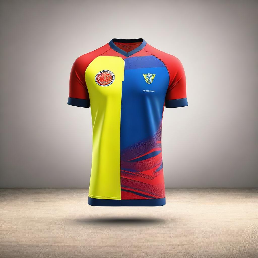 A detailed and vibrant image of a futsal jersey, showcasing dynamic and modern design elements