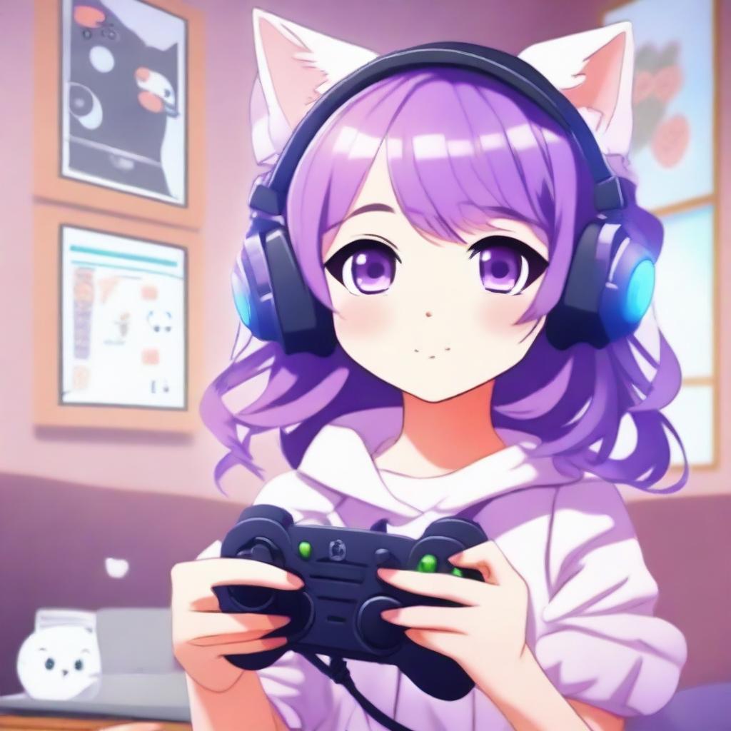 A cute anime girl with purple hair, wearing a kitty headset, holding a game controller in her hand