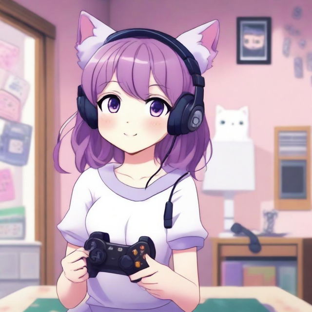 A cute anime girl with purple hair, wearing a kitty headset, holding a game controller in her hand