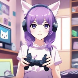 A cute anime girl with purple hair, wearing a kitty headset, holding a game controller in her hand