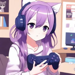 A cute anime girl with purple hair, wearing a kitty headset, holding a game controller in her hand