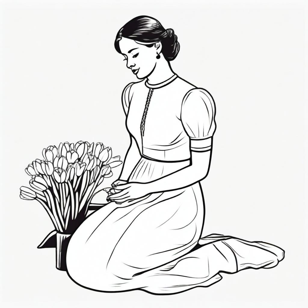 Illustration of a young woman kneeling, selling tulips