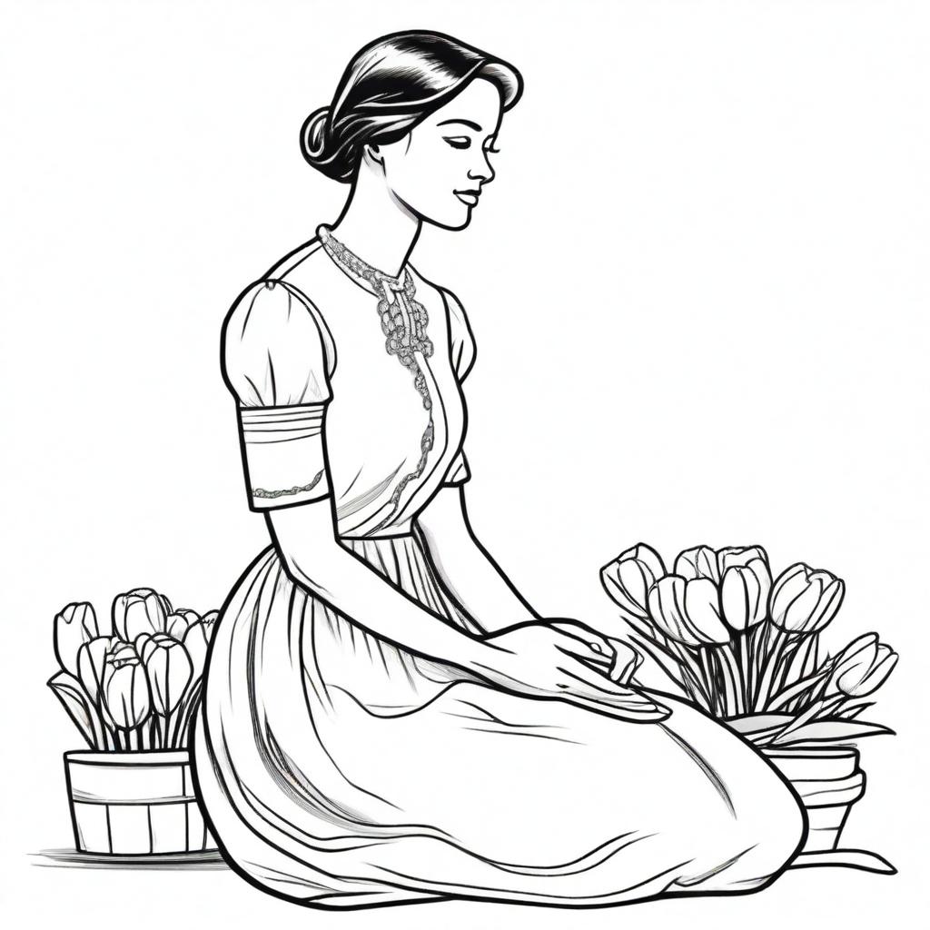 Illustration of a young woman kneeling, selling tulips