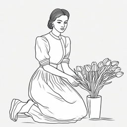 Illustration of a young woman kneeling, selling tulips