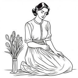 Illustration of a young woman kneeling, selling tulips