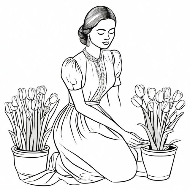 Illustration of a woman kneeling, selling tulips