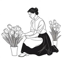 Illustration of a woman kneeling, selling tulips