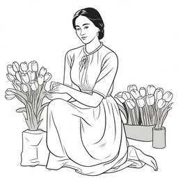 Illustration of a woman kneeling, selling tulips