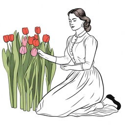 Illustration of a woman kneeling, selling tulips