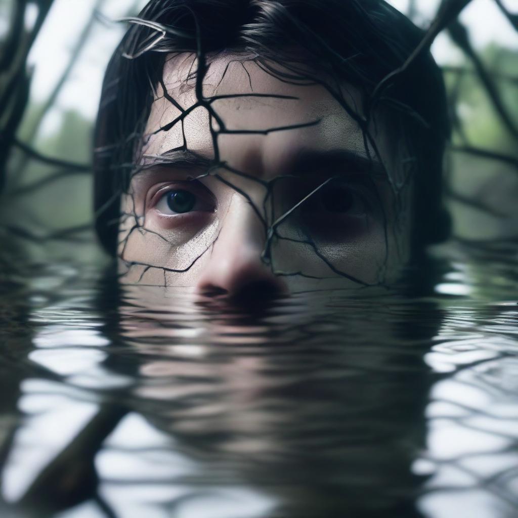 A close-up of a cracked mirror partially submerged in swamp water