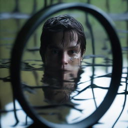 A close-up of a cracked mirror partially submerged in swamp water