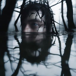 A close-up of a cracked mirror partially submerged in swamp water