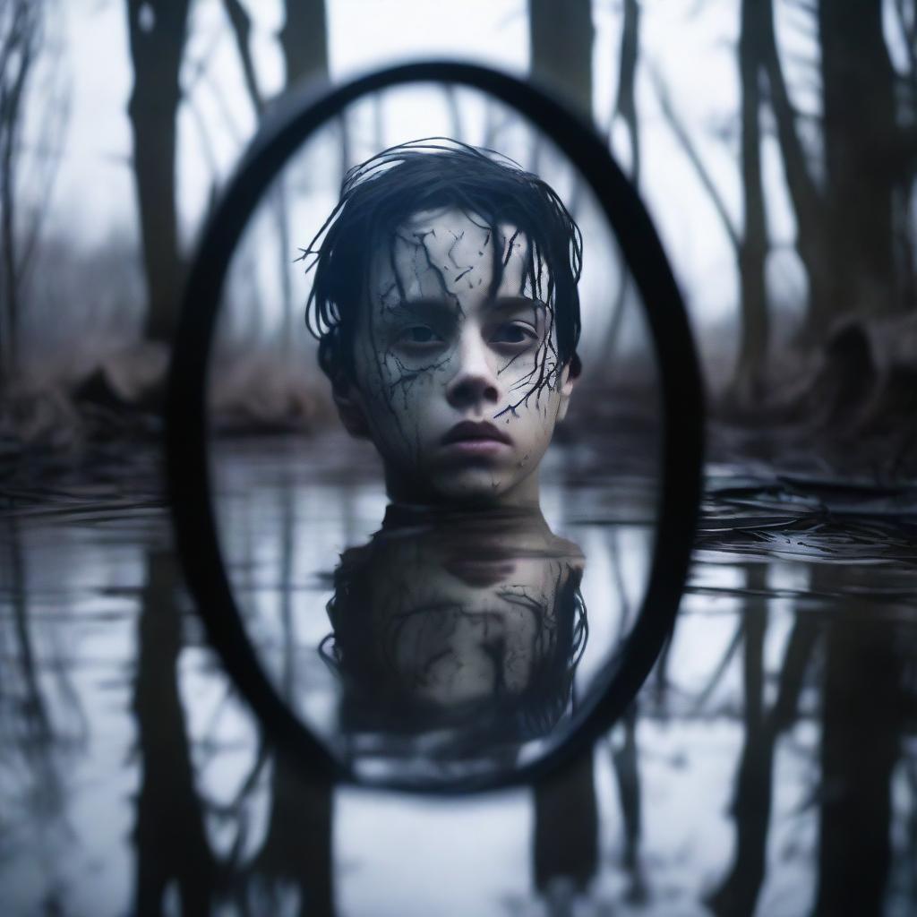 A close-up of a cracked mirror partially submerged in swamp water