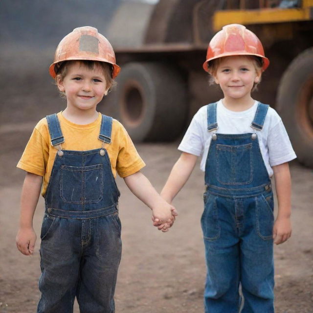 Two adorable miner children in love, holding hands with mining equipment in the background.