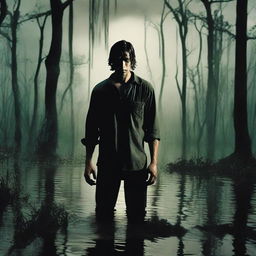 Damon is standing knee-deep in a murky bayou, his face shadowed and unrecognizable