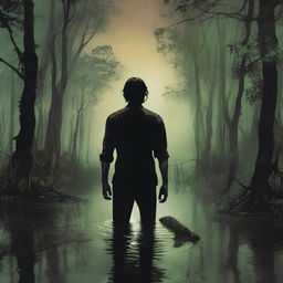 Damon is standing knee-deep in a murky bayou, his face shadowed and unrecognizable