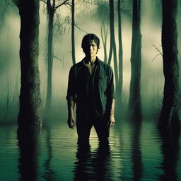 Damon is standing knee-deep in a murky bayou, his face shadowed and unrecognizable