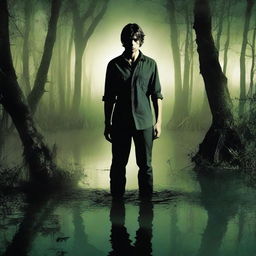 Damon is standing knee-deep in a murky bayou, his face shadowed and unrecognizable