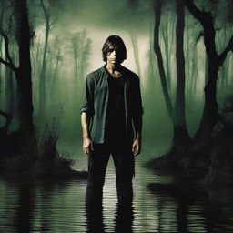 Damon is standing knee-deep in a murky bayou, his face shadowed and unrecognizable