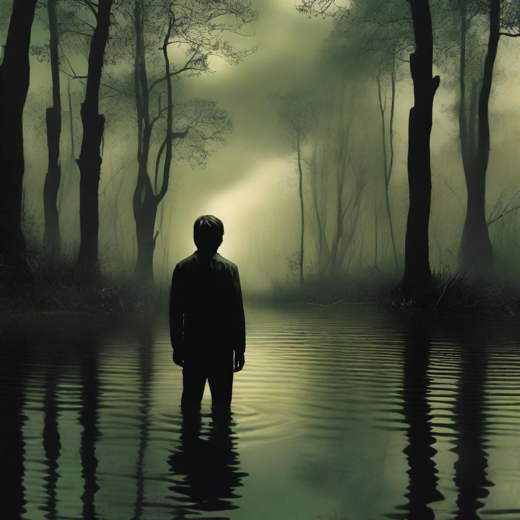 Damon is standing knee-deep in a murky bayou, his face shadowed and unrecognizable