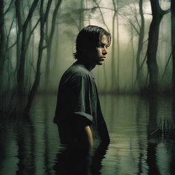 Damon is standing knee-deep in a murky bayou, his face shadowed and unrecognizable