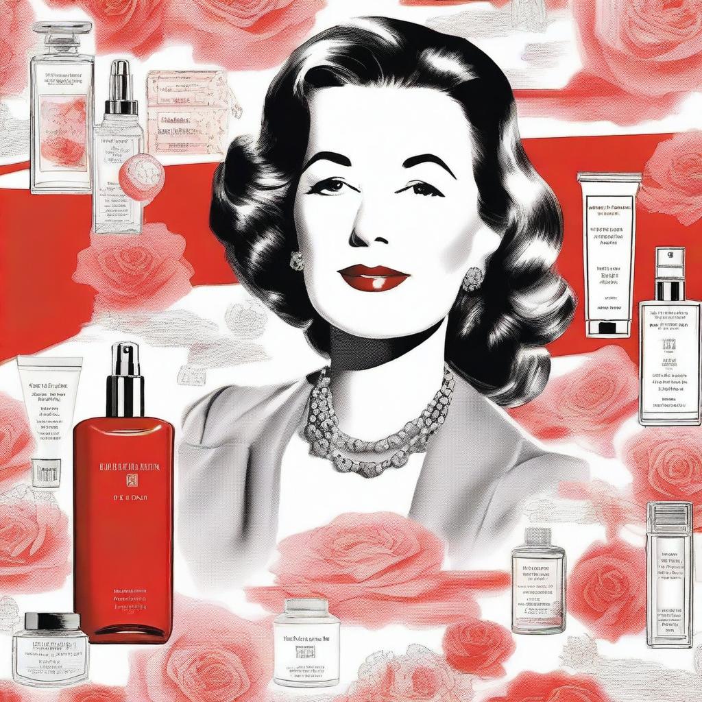 A detailed illustration capturing the essence of Elizabeth Arden, the founder of the iconic beauty brand