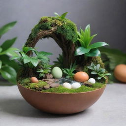 A resin egg containing a mini rainforest ecosystem, complete with lush green plants, exotic animals, and a small waterfall, featuring the inscription 'AR-RAHMAN' inside it.