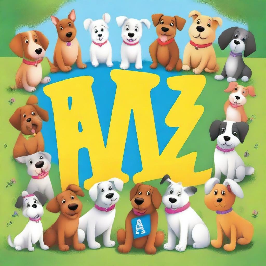 Create an illustration for a children's book titled 'A to Z with Dogs: A Rhyming Adventure'