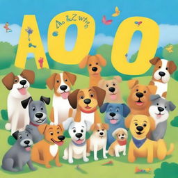 Create an illustration for a children's book titled 'A to Z with Dogs: A Rhyming Adventure'