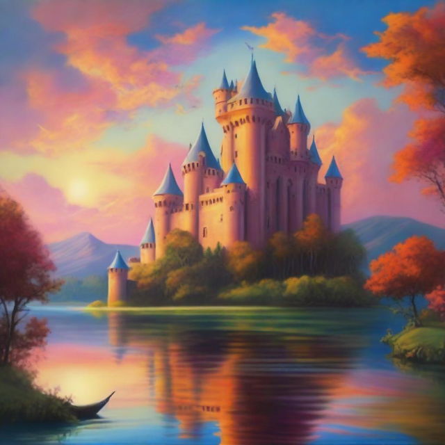 A beautiful oil painting of a majestic medieval castle at sunset