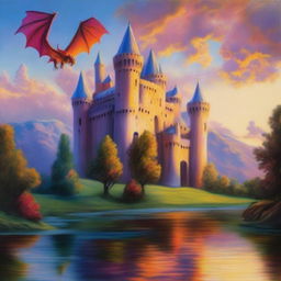 A beautiful oil painting of a majestic medieval castle at sunset