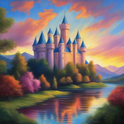 A beautiful oil painting of a majestic medieval castle at sunset