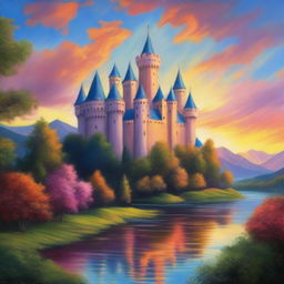 A beautiful oil painting of a majestic medieval castle at sunset