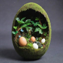 A resin egg containing a mini rainforest ecosystem, complete with lush green plants, exotic animals, and a small waterfall, featuring the inscription 'AR-RAHMAN' inside it.