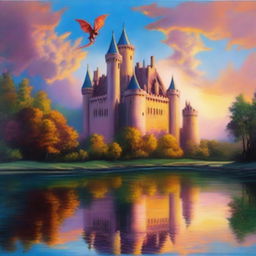 A beautiful oil painting of a majestic medieval castle at sunset