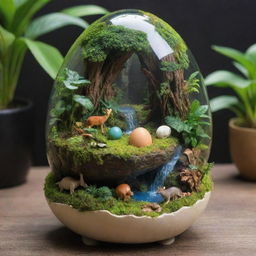 A resin egg containing a mini rainforest ecosystem, complete with lush green plants, exotic animals, and a small waterfall, featuring the inscription 'AR-RAHMAN' inside it.