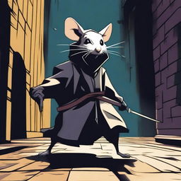 A panicked rat assassin in a dark alley, warming up for a run