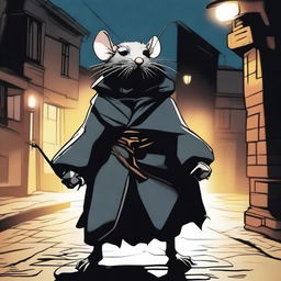 A panicked rat assassin in a dark alley, warming up for a run