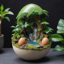 A resin egg containing a mini rainforest ecosystem, complete with lush green plants, exotic animals, and a small waterfall, featuring the inscription 'AR-RAHMAN' inside it.